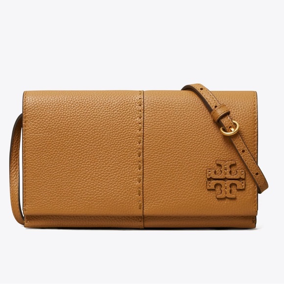AUTH NWT TORY BURCH McGraw Logo Pebbled Leather Wallet Crossbody In Tan - Picture 4 of 14